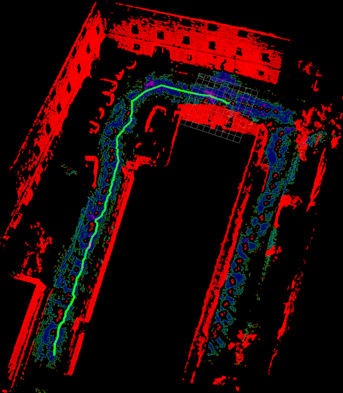 Segmentation of the merged map into obstacles (red) and traversable regions (blue); a globally planned path (green line) is shown on the traversable region